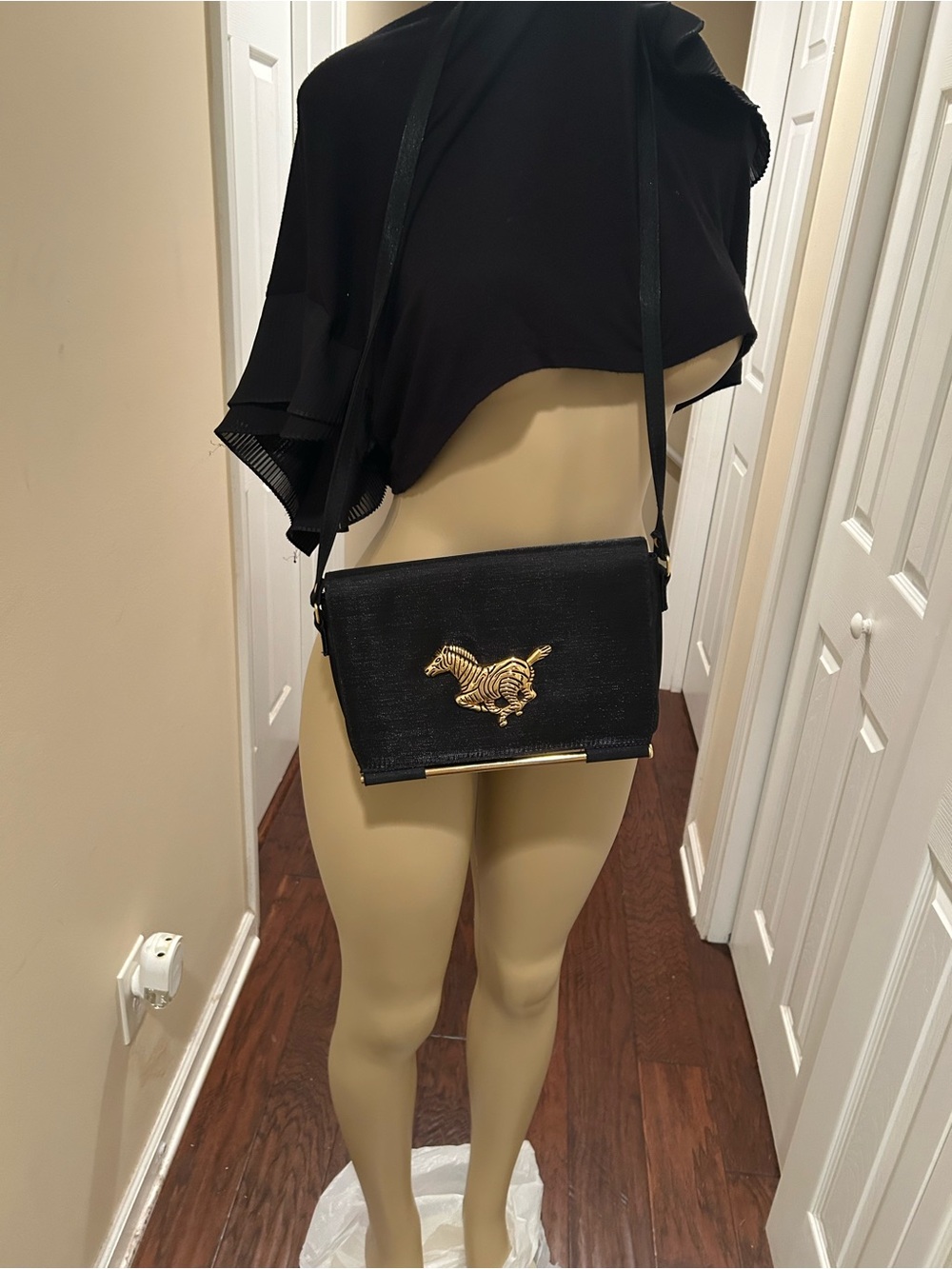 Vintage Black Crossbody Shoulder Bag with Gold Horse Emblem